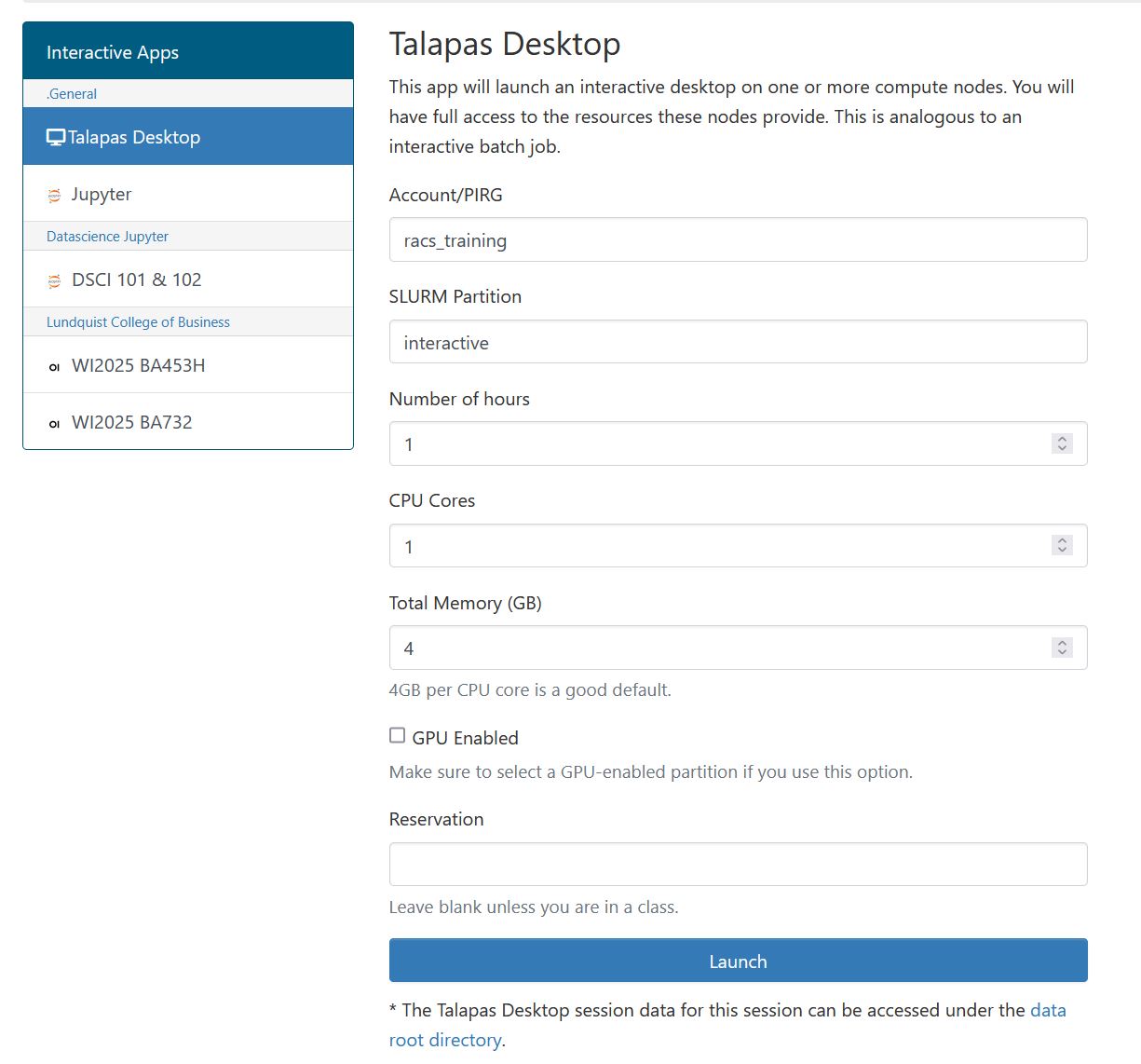 example Talapas desktop session