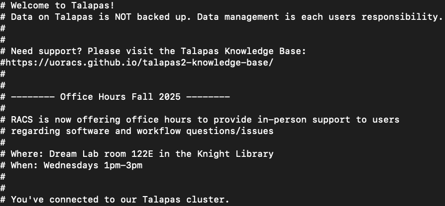 example Talapas welcome message